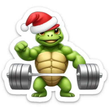 Bodybuilder turtle pumping iron in Santa hat  sticker