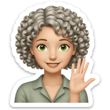 silver, short, wavy-haired with curls, smiling pretty lady, hopeful with fingers crossed on one hand, green/brown eyes sticker