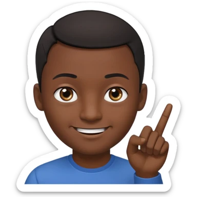 Male smiling with a big round head, dark skin, eyes looking to the side, pointer finger touching the outside corner of the eye sticker
