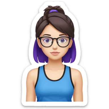 Girl with brunette and purple highlights wearing black tank top and blue sweatpants with clear glasses sticker