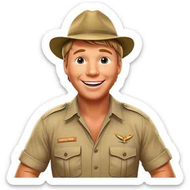 Cinematic Realistic Steve Irwin Portrait Emoji, depicted as a passionate wildlife expert in his signature khaki attire with an enthusiastic smile and a backdrop of the Australian outback, rendered with vibrant textures and dynamic natural lighting that captures his adventurous spirit. sticker