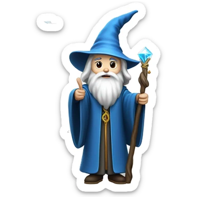 full-body emoji of a wizard.wizard is wearing a classic, long blue robe adorned with silver stars and a matching pointed hat.  long white beard holding a magical staff topped with a glowing crystal. sticker