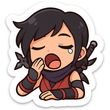 Sexy chibi ninja girl with black short hair and a blonde streak, only head and arms, colorful chibi style with bold outlines, transparent background, no mask, yawning expression with a little tear at the corner of one eye, sized for Twitch emoji use. sticker