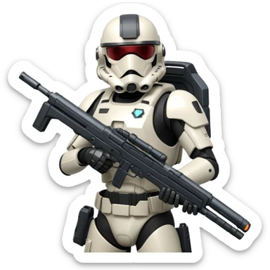 A joking DARK Trooper from Star Citizen, a skifi space Game. With a futuristic gun sticking to His back sticker