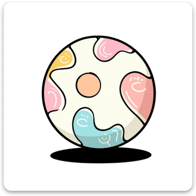 A colorful children's toy ball with patterns in pastel colors (dd9fb0, ffc6d3, a3bfc9, c4bee2, f1b091), hand-drawn doodle style sticker