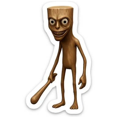 Make the stump character skinnier and taller, and make the face more creepy like the original image. Keep the transparent background and maintain a high-fidelity style. sticker