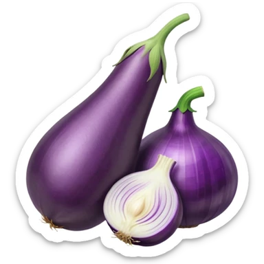 Eggplant beside onion and garlic sticker