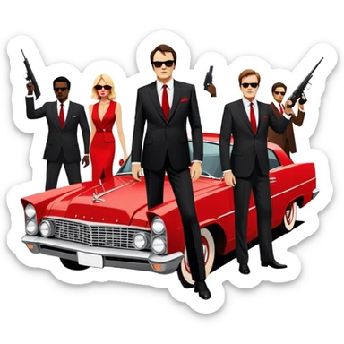 Icon for Movie: A stylish, cinematic poster design inspired by Quentin Tarantino's film. Feature silhouettes of characters in suits with sunglasses, dramatic lighting, a bullet-riddled car, and the color red symbolizing chaos. Bold, vintage style with sharp contrasts. Transparent background. sticker
