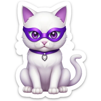 white cat sitting wearing a mask full body with purple eyes sticker