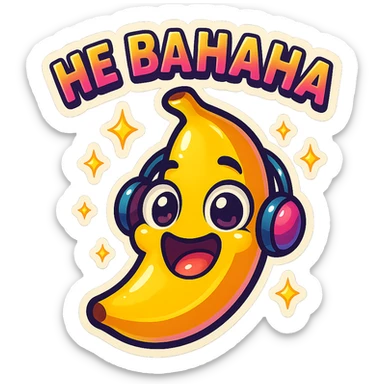 Funny cartoon banana, big happy smiling face, wearing tiny headphones, wide excited eyes, tiny sparkles around, text above: "НЕ БАНАНА ", chibi style, Twitch emoji style, colorful, transparent background sticker