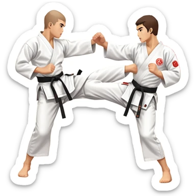 Two karate fighters in traditional gi sparring. One executes a high kick aimed at the opponent’s head, while the other blocks with a strong hand defense. The background features a classic dojo with wooden flooring and banners. Dynamic motion and focused expressions. Transparent background. sticker