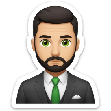 green eyes, dark short hair, muscular shoulders, big lips big nose big eyes, masculine good looking, dark beard wearing a suit buttons of the shirt open and olive skin tone  sticker