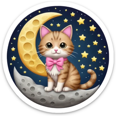 tabby cat with pink bow on the moon sticker
