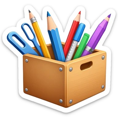 small box of teaching supplies with a pencil, ruler, and markers sticking out sticker