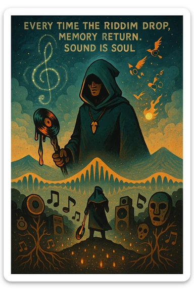 Create a mythical, animated-style poster set in a timeless world where sound is sacred. At the center, a hooded guardian of rhythm stands on a hill, overlooking a vast land shaped like a giant soundwave.

He holds a staff made of melted vinyl records, glowing with faint reggae colours — red, gold, and green. Around his neck is a lion’s fang pendant, and behind him, a swirling constellation shaped like a treble clef lights the sky.

From the earth, roots twist upward into musical notes, connecting instruments, speakers, and ancestral masks half-buried in the soil.

A flock of birds made from broken headphones and fire rises from the horizon — flying toward a glowing sun that pulses like a subwoofer.

Below, scattered across the valley, are tiny glowing embers — each one representing a soul still dancing, still alive.

In the sky, faint words form from the clouds:
“Every time the riddim drop, memory return. Sound is soul.”

The artwork should feel ancient, futuristic, and sacredly street — part graffiti, part prophecy, part roots revival. sticker