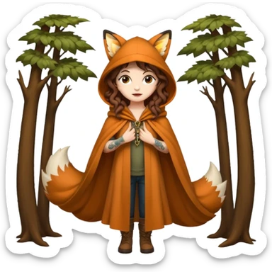 full body woman long curly brown hair brown eyes white skin tattoos wearing fox ear hat and open forest cloak, confident stance sticker