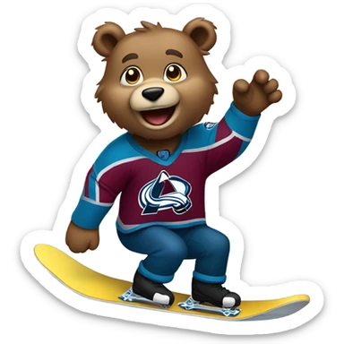 Bear on a snowboard in Colorado avalanche jersey doing tricks sticker