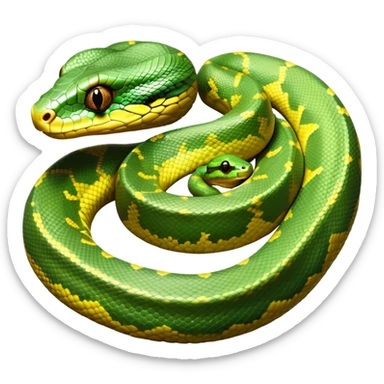 cinematic-green tree python-realistic-full-body-coiled-emoji,-thick-scaled-body-looped-tightly,-intricate-brown-and-gold-patterned-scales-reflecting-light,-head-tilted-dramatically,-slitted-eyes-staring-calmly,-simplified-yet-realistic-focused-feature sticker