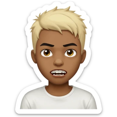 Black Male Teenager with Short punk messy blonde hair, Dark brown bushy eyebrows large expressive golden-brown eyes, wearing a plain white t-shirt, Dark Brown skin color. vampire tooth sticker