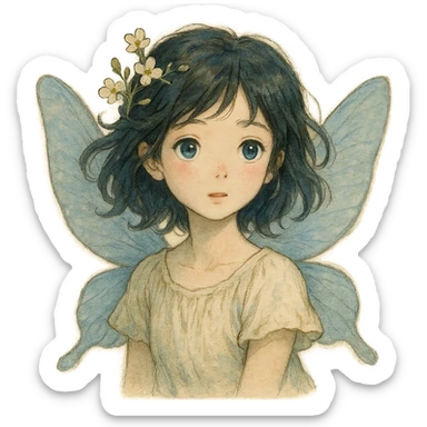 realistic whimsical black, blue and cream, natural colors, soft, fairy-like atmosphere, no background, square size sticker