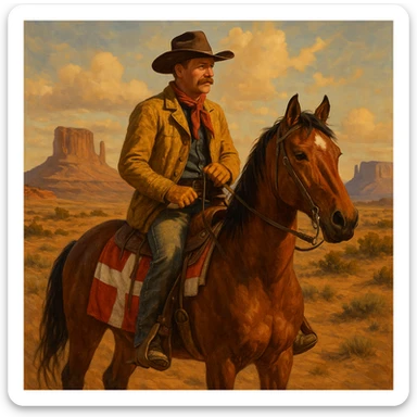 Danish cowboy riding a horse with Danish flag on the saddle in a western landscape sticker
