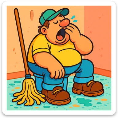 Make the lazy janitor more cartoonish with exaggerated features in a playful style. Show him sitting on a bucket, yawning, with a mop nearby and a messy floor. Expression should be relaxed. sticker