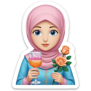 Turkish beautiful finish Konya girl blue eyes with light pink hijab islamic dress and had on her hand Glittery rose mocktail with orange light pink roses sticker