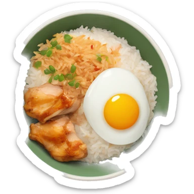a bowl of rice with two eggs and chicken thigh upright sticker