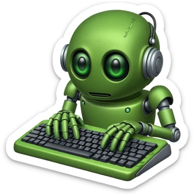 An emoji of a green robot melting away covered in thick green sludge sad and depressed, crawling out of a keyboard.  sticker