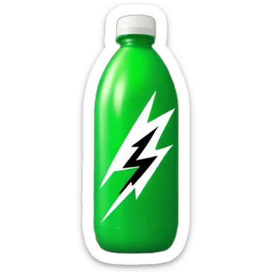A green plastic bottle with a black label on top, on the black label a yellow and black mullioned lightning bolt collides and turns white  sticker