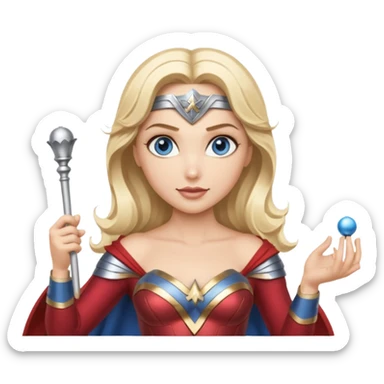 Blonde blue eyed Wonder Woman holding white orchestra conductor’s baton and bell sticker
