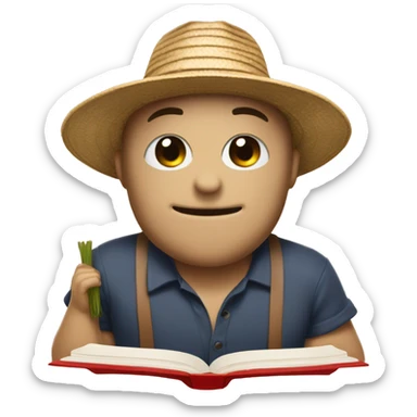 read book adn wearing a straw Hat with a red list sticker