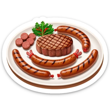 Meat dishes avatar in clean emoji-style illustration. Steak, roasted meat, and sausages, rich brown and red tones, simple shapes, flat design, hearty and appetizing. sticker