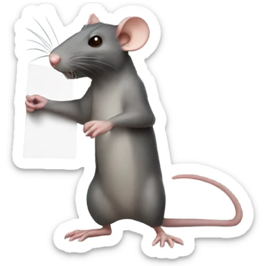 RAT, looks to the left side, holds a sign sticker