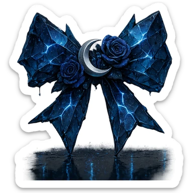 gothic bow formed from splintered deep blue glass, embellished with a silver crescent moon, midnight blue roses, sparkling holographic stardust, neon lightning, wet reflective surface sticker
