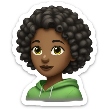 A brown skin girl, curly black hair, black hoodie, green eyes sticker