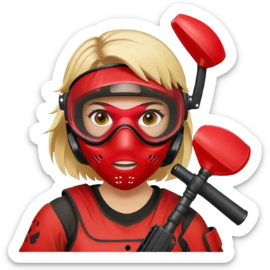 blond girl playing paintball with red paintball face mask sticker
