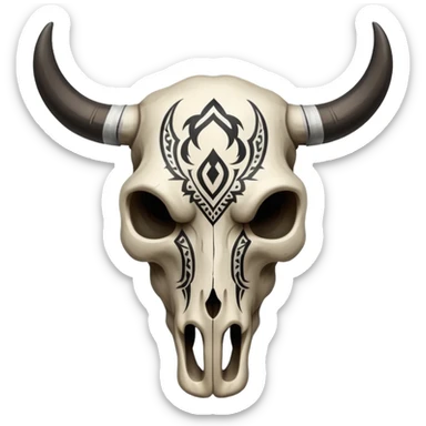 A bull skull with black tribal markings painted on it  sticker