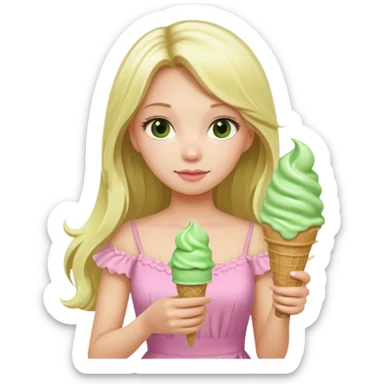 girl blonde long hair in pink dress,  holding matcha ice cream sticker