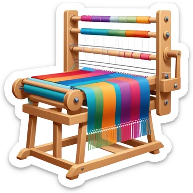 Weaving icon, loom with colorful fabric being woven, visible shuttle, spools of yarn, fabric swatches, sewing patterns, and finished clothing items, minimalistic style, clean lines, transparent background. sticker