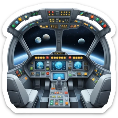 first person view inside spaceship cockpit with control panel and space visible through windshield sticker