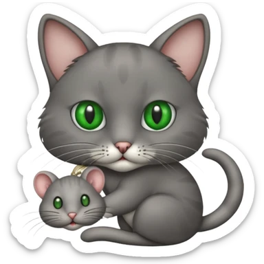 A cat holding a gray dead mouse in its mouth sticker
