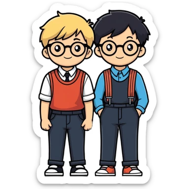 me a boy with braces and with blonde hair and black round glasses and my boyfriend with black hair hes higher than me sticker