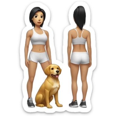 crossfit woman with black hair, white and doing lowering And a golden dog at her side sticker