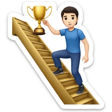 A man with fair skin and dark hair is climbing stairs to grab a trophy sticker