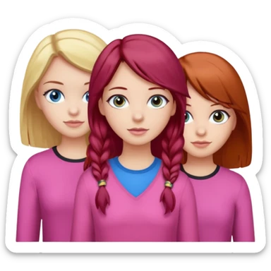 Three girls, one dark red hair with hazel eyes, one blonde with blue eyed and one with black hair and brown eyes, all wear pink sticker