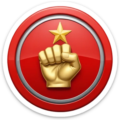 invented traffic sign: red circle with closed fist and star above, diagonal prohibition line sticker