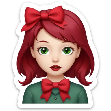 A cute girl biting her lip with a bow in her hair. Dark red hair and gray green eyes sticker