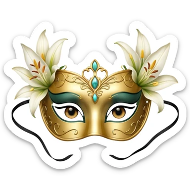 golden masquerade eye mask with white lily flower on the side sticker