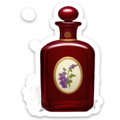 Dark red vintage French style perfume bottle with red delphiniums sticker